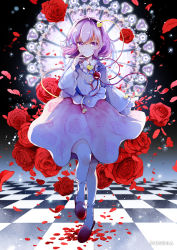 Rule 34 | 1girl, azuma aya, checkered floor, commentary request, floral print, flower, full body, hairband, heart, heart of string, komeiji satori, looking at viewer, petals, pink eyes, pink hair, pink skirt, rose, rose print, skirt, slippers, socks, solo, third eye, touhou, white socks, wide sleeves