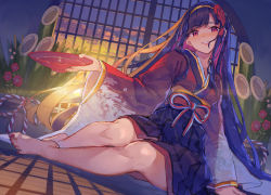 Rule 34 | 1girl, :d, arm up, bamboo, blunt bangs, cup, dutch angle, full body, hair in own mouth, hair ornament, headband, indoors, japanese clothes, kimono, legs together, long hair, lying, multicolored hair, nail polish, on side, open mouth, original, pink hair, pleated skirt, purple eyes, purple hair, red nails, sakazuki, sash, sidelocks, sitting, skirt, smile, solo, sunset, two-tone hair, very long hair, yasumo (kuusouorbital)
