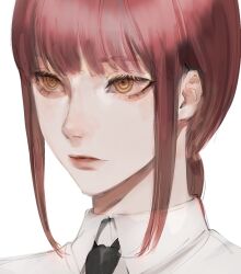 Rule 34 | 1girl, black necktie, braid, braided ponytail, chainsaw man, collared shirt, cropped head, looking to the side, makima (chainsaw man), necktie, red hair, ringed eyes, shirt, short hair, sidelocks, simple background, sira julyspring, solo, white background, white shirt, yellow eyes