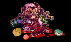 Rule 34 | 1girl, ascot, blonde hair, blood, book, bow, eyeball, female focus, flandre scarlet, glisten, guro, hat, hat ribbon, puffy sleeves, red eyes, ribbon, short hair, short sleeves, side ponytail, smile, solo, touhou, trash can, wings