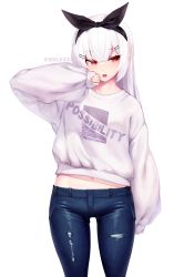 Rule 34 | 1girl, black ribbon, blue pants, blush, clothes writing, denim, dev (dev0614), english text, hair between eyes, hair ornament, hair ribbon, hairclip, hand up, highres, jeans, long hair, long sleeves, looking away, looking to the side, midriff, navel, open mouth, original, pants, puffy long sleeves, puffy sleeves, red eyes, ribbon, simple background, sleeves past wrists, solo, sweater, torn clothes, torn pants, white background, white hair, white sweater