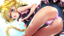 Rule 34 | 1000, 1girl, aged up, ass, bent over, blonde hair, blue eyes, blush, braid, braided ponytail, carol malus dienheim, dress, from behind, long hair, looking at viewer, looking back, mole, mole under eye, open mouth, panties, red dress, senki zesshou symphogear, shiny skin, simple background, solo, standing, striped clothes, striped panties, underwear, white background