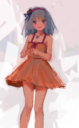 Rule 34 | 1girl, abstract, absurdres, aqua hair, breasts, cleavage, cropped legs, dress, hairband, highres, jewelry, light blush, looking at viewer, necklace, open mouth, orange dress, original, own hands together, pink eyes, reddizen, short hair, sleeveless, small breasts, smile, standing, white background