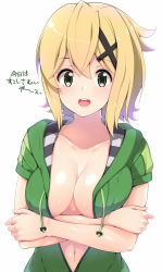 Rule 34 | 1girl, :d, akatsuki kirika, amasora taichi, bad id, bad pixiv id, blonde hair, blush, breasts, cleavage, collarbone, commentary request, crossed arms, drawstring, green eyes, green jacket, hair ornament, heart, highres, hood, hood down, hooded jacket, jacket, looking at viewer, medium breasts, navel, no bra, open clothes, open jacket, open mouth, round teeth, senki zesshou symphogear, short hair, short sleeves, simple background, smile, solo, tail, teeth, translation request, upper body, upper teeth only, white background, x hair ornament
