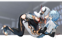 Rule 34 | 1boy, 1girl, absurdres, age difference, all fours, artist name, aunt and nephew, blue hair, blue nails, bodysuit, breast curtains, breasts, child, chongyun (genshin impact), genshin impact, gloves, grey eyes, hair ornament, hair over one eye, hetero, high heels, highres, hip vent, hood, hoodie, incest, large breasts, long hair, nail polish, onee-shota, partially fingerless gloves, shenhe (genshin impact), short hair, silver hair, toenail polish, toenails, wumumu