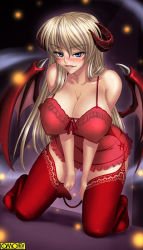 Rule 34 | 1girl, bare shoulders, bat wings, between legs, blonde hair, blue eyes, blurry, blush, breasts, chemise, cleavage, covered erect nipples, curvy, demon girl, demon tail, depth of field, dutch angle, erezagarusha, frills, front-tie top, garter belt, garter straps, glowing, grin, hair between eyes, hand between legs, horns, huge breasts, kagami hirotaka, kneeling, lace, lace-trimmed legwear, lace trim, large breasts, leaning forward, light particles, lingerie, long hair, looking at viewer, nose blush, omc, panties, red thighhighs, seductive smile, see-through, shadow, shinma souseiki, sideboob, sidelocks, silver hair, smile, solo, tail, tail between legs, thighhighs, underwear, underwear only, v arms, very long hair, wide hips, wings