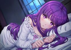 Rule 34 | 1girl, absurdres, blunt bangs, blush, bright pupils, commentary request, dress, dutch angle, fern (sousou no frieren), frilled sleeves, frills, head on pillow, highres, indoors, long hair, long sleeves, looking at viewer, lying, night, nightgown, nonoa-cg, on side, parted lips, pillow, pink ribbon, purple eyes, purple hair, ribbon, solo, sousou no frieren, white dress, window