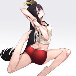 Rule 34 | 1girl, 3:, ass, bad anatomy, barefoot, black hair, blush, breasts, butt crack, closed mouth, commentary, covered erect nipples, dimples of venus, fate/grand order, fate (series), feet, flexible, grey background, hair ornament, hair rings, highres, i-pan, long hair, looking back, medium breasts, plantar flexion, purple eyes, short shorts, shorts, simple background, solo, sports bra, stretching, tank top, thighs, tsurime, ushiwakamaru (fate), very long hair
