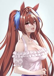 Rule 34 | animal ears, bare shoulders, blush, breasts, brown hair, casual, cleavage, collarbone, crossed bangs, daiwa scarlet (umamusume), frilled shirt, frills, from side, hair between eyes, hair intakes, hair ornament, highres, horse ears, horse girl, large breasts, blue background, long hair, looking at viewer, miya star saa, off shoulder, open mouth, red eyes, shirt, simple background, smile, solo, tiara, twintails, umamusume, upper body, white shirt