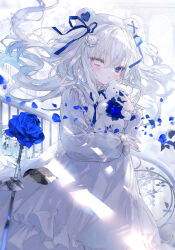 Rule 34 | 1girl, animal ears, bear ears, blue eyes, blue flower, blue ribbon, blue rose, blush, closed mouth, commentary request, dress, fake animal ears, flower, grey eyes, hair between eyes, hair ribbon, heterochromia, highres, long sleeves, looking at viewer, hugging object, onineko, original, petals, puffy long sleeves, puffy sleeves, railing, ribbon, rose, rose petals, sleeves past wrists, solo, stuffed animal, stuffed toy, teddy bear, two side up, white dress, white hair