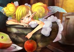Rule 34 | 1girl, apple, asameshi, blonde hair, blush, cherry, cup, dragon&#039;s crown, drunk, fairy, fairy wings, foam, food, fruit, holding, in container, in cup, mini person, minigirl, partially submerged, plate, pointy ears, solo, tiki (dragon&#039;s crown), wet, wings, yellow eyes