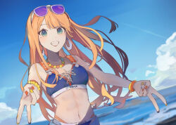 1girl beach bead_necklace beads bikini blue_bikini blue_sky blush bracelet breasts cleavage cloud commentary_request contrail cross-laced_bikini cross-laced_clothes double_gyaru_v earrings eyewear_on_head floating_hair gakuen_idolmaster grin gyaru_v hz_paris idolmaster jewelry kimi_to_semi_blue_(idolmaster) long_hair looking_at_viewer medium_breasts mole mole_under_eye navel necklace orange_hair outdoors shiun_sumika sky smile solo swimsuit tinted_eyewear v very_long_hair