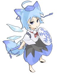 Rule 34 | animal ears, barefoot, blue eyes, blue hair, cirno, cosplay, detached sleeves, hat, inubashiri momiji, inubashiri momiji (cosplay), lowres, poketto, shield, short hair, solo, sword, tail, tokin hat, touhou, weapon, wings, wolf ears, wolf tail