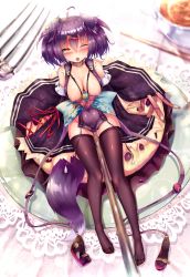 Rule 34 | 1girl, ahoge, arm support, bare shoulders, black thighhighs, blush, breasts, breasts out, brown eyes, cleavage, coffee, collar, detached sleeves, dk.senie, drinking straw, food, fork, from above, hair between eyes, hair ornament, highres, large breasts, looking at viewer, looking up, mini person, minigirl, nipples, one eye closed, open mouth, original, pastry, plate, pussy juice, rod, shoes, unworn shoes, short hair, sitting, solo, sweat, tail, thighhighs, tongue, tongue out, wide sleeves