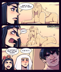 Rule 34 | 1girl, 2boys, 3koma, anger vein, bikini, black eyes, black hair, blue eyes, blush, breasts, butter sugoi, comic, commentary, egyptian clothes, english text, engrish text, frown, headband, highres, huge breasts, makeup, multiple boys, open mouth, original, ranguage, sculpture, sphinx of giza, sweat, swimsuit, thick eyebrows, white headwear