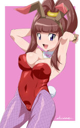 Rule 34 | 1girl, amano nene (digimon xros wars), animal ears, arms up, black leotard, chicago-x, detached collar, digimon, digimon xros wars, fake animal ears, fake tail, female focus, hair ornament, hairclip, highres, leotard, long hair, looking at viewer, open mouth, pantyhose, partially visible vulva, playboy bunny, purple eyes, rabbit ears, rabbit tail, red hair, shiny clothes, shiny skin, solo, standing, tail, twintails, wide hips