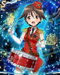 Rule 34 | 1girl, band uniform, beamed quavers, brown eyes, brown hair, card (medium), elbow gloves, epaulettes, gloves, hat, instrument, marching band, miyafuji yoshika, musical note, necktie, official art, open mouth, quaver, short hair, smile, solo, staff (music), strike witches, treble clef, uniform, world witches series