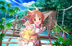 Rule 34 | 10s, 1girl, abe nana, artist request, blush, bridge, cloud, day, forest, idolmaster, idolmaster cinderella girls, idolmaster cinderella girls starlight stage, looking at viewer, nature, official art, open mouth, orange footwear, pink ribbon, ponytail, ribbon, scared, shoes, short sleeves, sky, solo, tears, thighhighs, tree, water