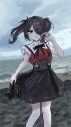 Rule 34 | 1girl, adjusting hair, ame-chan (needy girl overdose), beach, black eyes, black footwear, black hair, black ribbon, black skirt, cloud, cloudy sky, collared shirt, feet out of frame, hair ornament, hair over one eye, hair tie, hairclip, hand up, highres, holding, holding clothes, holding footwear, looking at viewer, muted color, neck ribbon, needy girl overdose, ocean, outdoors, parted lips, red shirt, ribbon, sanmanako, shirt, shirt tucked in, shoes, skirt, sky, smile, solo, standing, suspender skirt, suspenders, twintails, unworn shoes, water, wind, x hair ornament