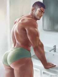 Rule 34 | 1boy, ass, back, bara, bathroom, black hair, briefs, closed mouth, facial hair, facial scar, golden kamuy, green male underwear, long sideburns, looking at viewer, male focus, male underwear, mirror, muscular, muscular male, nopinzo, scar, scar on cheek, scar on face, short hair, sideburns, solo, tanigaki genjirou, thick eyebrows, thick thighs, thighs, twitter username, underwear