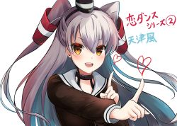 Rule 34 | 10s, :d, absurdres, amagami (makise tsubaki), amatsukaze (kancolle), blush, character name, choker, dress, fang, hair tubes, hat, heart, highres, index finger raised, kantai collection, koi dance, long hair, open mouth, sailor collar, sailor dress, silver hair, smile, solo, two side up, yellow eyes