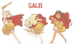Rule 34 | 3girls, alternate costume, barefoot, blonde hair, blush, bow, brown hair, cape, closed eyes, commentary, dark-skinned female, dark skin, dongsa wonhyong, dress, english commentary, grecale (kancolle), hair bow, hair ribbon, hat, holding, holding shield, holding sword, holding weapon, kantai collection, libeccio (kancolle), long hair, maestrale (kancolle), mini hat, multiple girls, open mouth, red cape, ribbon, salii, shadow, shield, silver hair, simple background, sleeveless, sword, twintails, weapon, white background