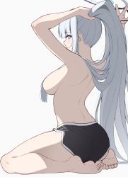 Rule 34 | 1girl, absurdres, adjusting hair, arms up, ass, barefoot, black shorts, blue archive, breasts, closed mouth, commentary, dolphin shorts, feet, full body, grey background, grey hair, halo, highres, large breasts, long hair, looking at viewer, mechanical halo, noa (blue archive), purple eyes, reia 76, shorts, sideboob, sideways glance, simple background, smile, soles, solo, symbol-only commentary, toes, topless, very long hair
