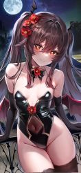 Rule 34 | 1girl, alternate costume, bare shoulders, black choker, black gloves, black leotard, bow, bowtie, breasts, brown hair, brown thighhighs, choker, collarbone, covered navel, cowboy shot, elbow gloves, flower, flower-shaped pupils, full moon, genshin impact, gloves, gold trim, groin, hair flower, hair intakes, hair ornament, head wings, highleg, highleg leotard, highres, hu tao (genshin impact), leotard, long hair, looking at viewer, moon, night, outdoors, red eyes, red flower, sidelocks, small breasts, solo, spaghetti strap, standing, symbol-shaped pupils, tacco (tikeworld), thigh gap, thighhighs, thighs, twintails, very long hair, wings