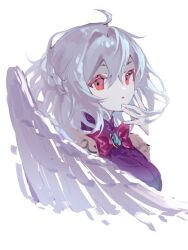 Rule 34 | 1girl, ahoge, brown jacket, chinese commentary, dress, grey hair, hair between eyes, highres, jacket, kishin sagume, open clothes, open jacket, parted lips, purple dress, red eyes, ringo no usagi (artist), short hair, simple background, single wing, solo, touhou, upper body, white background, white wings, wings