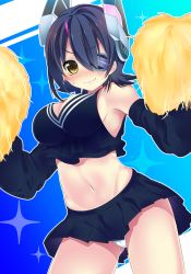Rule 34 | 10s, 1girl, anger vein, bad id, bad pixiv id, bare shoulders, blush, breasts, cheerleader, cleavage, eyepatch, fang, female focus, haruta (806060), headgear, kantai collection, large breasts, looking at viewer, midriff, navel, panties, pom pom (cheerleading), short hair, skirt, smile, solo, tenryuu (kancolle), underwear, yellow eyes