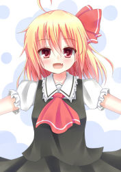 Rule 34 | 1girl, :d, ascot, blonde hair, esureki, fang, hair ornament, hair ribbon, looking at viewer, open mouth, outstretched arms, red eyes, ribbon, rumia, short hair, smile, solo, spread arms, touhou
