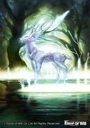 Rule 34 | animal ears, antlers, blue eyes, company name, deer, deer ears, deer tail, force of will, higurashi nakaba, horns, no humans, official art, solo, sparkle, tail, tree, water
