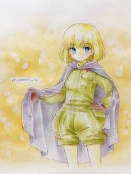 Rule 34 | 1girl, black cape, black gloves, blonde hair, blue eyes, bob cut, cape, closed mouth, colored pencil (medium), commentary, cowboy shot, cropped legs, girls und panzer, gloves, green jumpsuit, hand on own hip, highres, insignia, jumpsuit, katyusha (girls und panzer), leaf, long sleeves, looking at viewer, orange background, pravda military uniform, q-bee (aaru), short hair, short jumpsuit, smile, solo, standing, texture, traditional media, twitter username