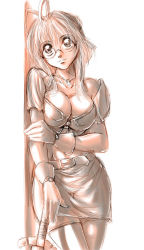 Rule 34 | 1girl, 2000s (style), against wall, antenna hair, belt, breasts, cleavage, cowboy shot, daniel fielding, glasses, gloves, greyscale, jewelry, large breasts, looking at viewer, midriff, miniskirt, monochrome, necklace, orange theme, original, skirt, solo, sword, thighhighs, weapon