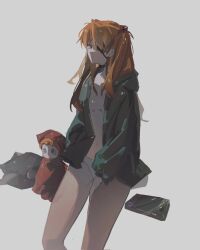 Rule 34 | 1girl, breasts, brown hair, doll, eliza 804, evangelion: 3.0+1.0 thrice upon a time, expressionless, eyepatch, green jacket, hair ornament, hands in pockets, hat, highres, jacket, long hair, looking at viewer, neon genesis evangelion, no bra, panties, rebuild of evangelion, small breasts, solo, souryuu asuka langley, twitter, two side up, underwear