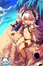 Rule 34 | 1girl, absurdres, beach, bikini, black bikini, blue sky, breasts, bridal gauntlets, bucket, check copyright, cloud, commission, copyright request, day, full body, highres, horns, long hair, looking at viewer, navel, open mouth, original, outdoors, red eyes, rtari, sand castle, sand sculpture, seashell, shell, shovel, sitting, sky, small breasts, smile, solo, stairs, starfish, swimsuit, white hair