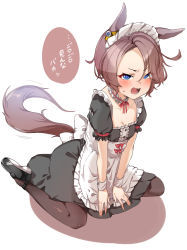Rule 34 | 1girl, absurdres, alternate costume, animal ears, apron, black dress, black footwear, blue eyes, blush, breasts, brown hair, brown pantyhose, cleavage, colored shadow, commentary request, dress, enmaided, frilled apron, frilled dress, frills, full body, hair between eyes, highres, horse ears, horse girl, horse tail, looking at viewer, maid, maid headdress, narita taishin (umamusume), open mouth, pantyhose, parted bangs, puffy short sleeves, puffy sleeves, shadow, shoe soles, shoes, short sleeves, sitting, small breasts, solo, sweat, tail, translation request, umamusume, umashio, wariza, white apron, white background