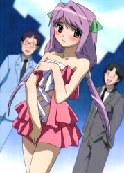Rule 34 | 00s, 1girl, 2boys, bare shoulders, blush, business suit, closed mouth, collarbone, dress, embarrassed, formal, glasses, hands in pockets, long hair, magikano, medium hair, multiple boys, necktie, open mouth, purple hair, screencap, standing, suit, yoshikawa maika