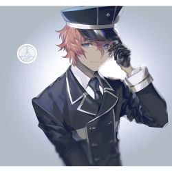 Rule 34 | 10s, 1boy, akita toushirou, bad id, bad twitter id, blue eyes, gloves, hat, looking at viewer, male focus, military, military uniform, necktie, aged up, pink hair, short hair, simple background, solo, touken ranbu, tuke omio, uniform
