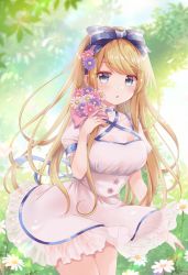 Rule 34 | 1girl, :o, absurdres, blonde hair, blue bow, blue eyes, blush, bouquet, bow, breasts, cowboy shot, daisy, day, dress, emu alice, flower, frilled dress, frills, gomano rio, hair bow, hair flower, hair ornament, hairband, highres, holding, holding bouquet, liver city, long hair, looking at viewer, medium breasts, open mouth, outdoors, puffy short sleeves, puffy sleeves, see-through, short dress, short sleeves, solo, white dress