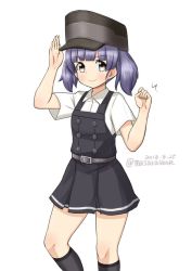 Rule 34 | 1girl, adapted costume, black socks, brown eyes, commentary request, dated, dress, hat, kantai collection, kneehighs, looking at viewer, masara (chuujou), one-hour drawing challenge, ooshio (kancolle), ooshio kai ni (kancolle), pinafore dress, purple hair, salute, short sleeves, short twintails, simple background, sleeveless, sleeveless dress, smile, smokestack, socks, solo, twintails, twitter username, white background