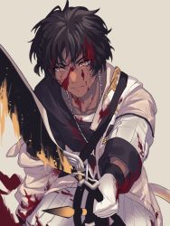 Rule 34 | 1boy, arknights, black hair, black shirt, blood, blood in hair, blood on clothes, blood on face, blood splatter, bloody weapon, braid, brown coat, chimi (s8s8 bb), closed mouth, coat, collarbone, commentary request, cowboy shot, dark-skinned male, dark skin, gloves, grey background, holding, holding sword, holding weapon, jewelry, looking at viewer, male focus, necklace, open clothes, open coat, orange eyes, pants, serious, shirt, short hair, shoulder strap, side braid, simple background, solo, sweat, sword, thorns (arknights), weapon, white gloves, white pants
