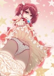 Rule 34 | 1girl, 40hara, bow, bow panties, character request, commentary request, dress, from below, frown, gradient background, heart, heart panties, heart print, highres, iya na kao sare nagara opantsu misete moraitai, lifting own clothes, looking at viewer, looking down, magical girl, open mouth, panties, pink background, print panties, puffy short sleeves, puffy sleeves, red eyes, red hair, shaded face, short sleeves, solo, star (symbol), starry background, twintails, underwear, white background, white panties