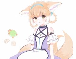 Rule 34 | 1girl, animal ears, arknights, black collar, blonde hair, blue eyes, braid, collar, cowboy shot, dress, fox ears, fox girl, fox tail, highres, infection monitor (arknights), kitsune, light blush, looking at viewer, material growth, multiple tails, nprmtp, oripathy lesion (arknights), purple dress, simple background, smile, solo, suzuran (arknights), tail, turtle, white background, yellow eyes