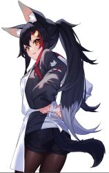 Rule 34 | 1girl, animal ear fluff, animal ears, apron, black hair, black pantyhose, black shorts, blush, commentary request, hair between eyes, hair ornament, hairclip, highres, hololive, hood, hoodie, long hair, looking at viewer, looking back, multicolored hair, ninsaki (9saki), ookami mio, ookami mio (casual), open mouth, pantyhose, ponytail, red hair, short shorts, shorts, sidelocks, simple background, solo, streaked hair, tail, virtual youtuber, white apron, white background, white hair, wolf ears, wolf girl, wolf tail, yellow eyes