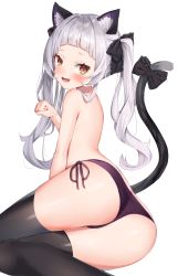 Rule 34 | 1girl, :d, animal ears, ass, black bow, black thighhighs, blunt bangs, blush, bow, brown eyes, cat ears, cat girl, cat tail, fang, feet out of frame, frilled bow, frills, hair bow, hand up, highres, hololive, k mugura, long hair, looking at viewer, looking back, murasaki shion, open mouth, panties, paw pose, purple panties, side-tie panties, silver hair, simple background, smile, solo, tail, tail bow, tail ornament, tail raised, thighhighs, topless, twintails, underwear, underwear only, very long hair, virtual youtuber, white background