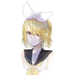 Rule 34 | 1girl, bare shoulders, blonde hair, blue eyes, bow, collared shirt, commentary, cropped torso, expressionless, hair bow, kagamine rin, looking at viewer, neckerchief, sailor collar, school uniform, shirt, short hair, solo, upper body, vocaloid, warabi (danngo-mitarasi), white background, white bow, white shirt, yellow neckerchief