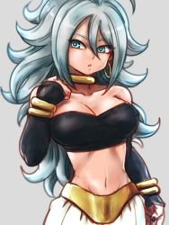 Rule 34 | 1girl, android 21, bandeau, bare shoulders, black nails, blue eyes, bracelet, breasts, cleavage, collarbone, commentary request, cosplay, curly hair, detached sleeves, dragon ball, dragon ball fighterz, earrings, hand up, harem pants, hoop earrings, jewelry, kemachiku, light persona, long hair, looking at viewer, majin android 21, majin android 21 (cosplay), medium breasts, nail polish, navel, neck ring, pants, parted lips, ring, solo, very long hair, white hair, white pants
