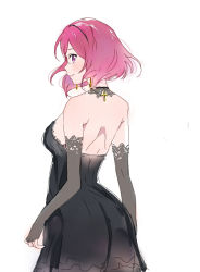 Rule 34 | 10s, 1girl, back, bad id, bad pixiv id, black dress, blush, detached sleeves, dress, earrings, elbow gloves, fingerless gloves, from behind, gloves, jewelry, looking at viewer, looking back, love live!, love live! school idol project, nishikino maki, profile, purple eyes, red hair, short hair, sleeveless, sleeveless dress, smile, solo, ume (plumblossom)