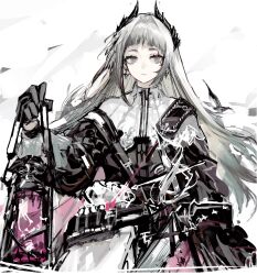 Rule 34 | 1girl, ammunition belt, arknights, black gloves, black jacket, capelet, closed mouth, earrings, gloves, grey eyes, grey hair, gun, handgun, highres, holding, holding lantern, irene (arknights), jacket, jewelry, lantern, long sleeves, looking at viewer, puffy long sleeves, puffy sleeves, rapier, remsrar, scar, scar across eye, sheath, sheathed, short bangs, skirt, solo, sword, upper body, weapon, white background, white capelet, white skirt